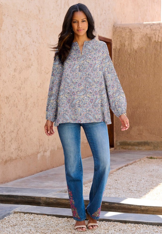 Notch-Neck Printed Blouse, , alternate image number null