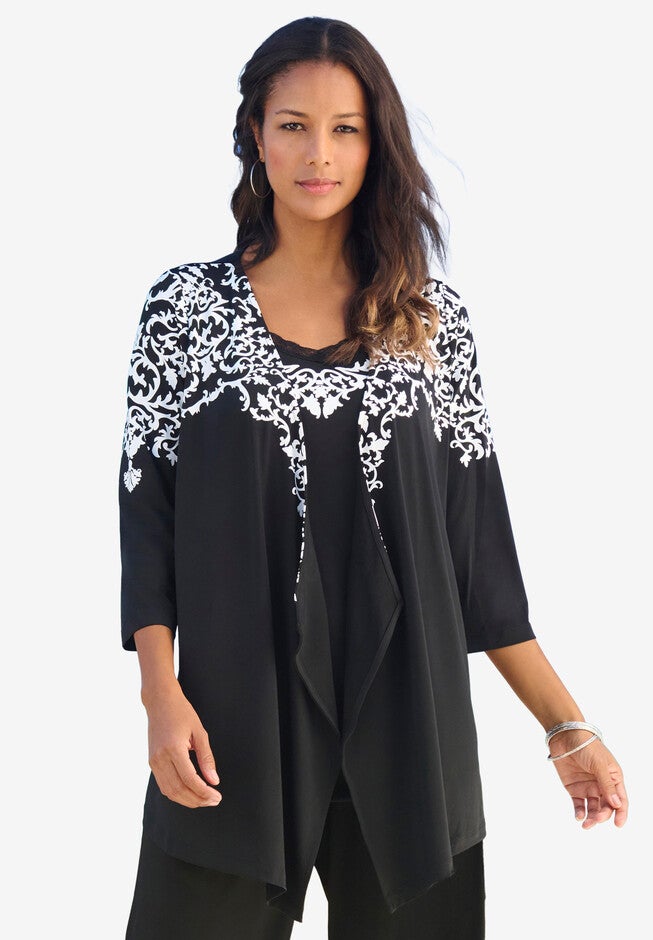 Ultrasmooth Fabric® Cardigan and Tank Set, BLACK DAMASK PRINT, hi-res image number null