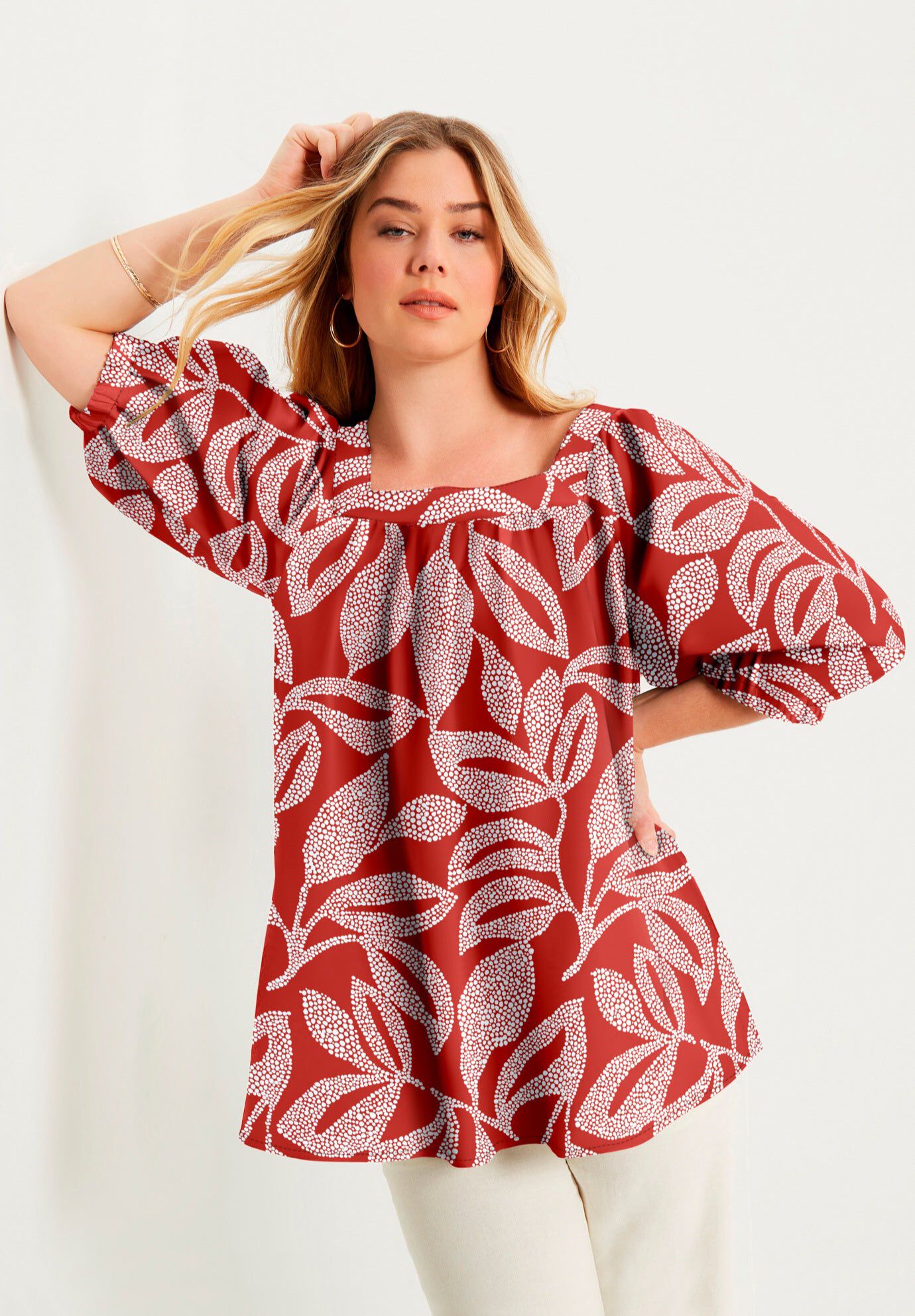 Puff Sleeve Lino Soleil Top, PEPPER RED DOTTED LEAVES, hi-res image number 0