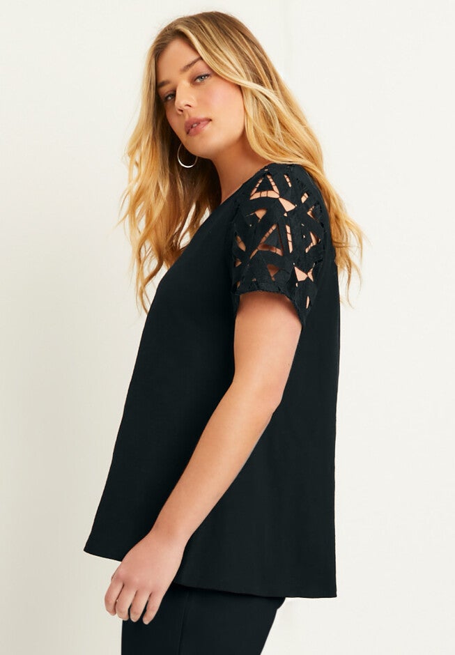 Crochet-Sleeve V-Neck One + Only Tee, , alternate image number null