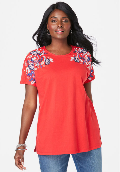 Embellished Tunic with Side Slits, VIVID RED FLORAL EMBROIDERY, hi-res image number null