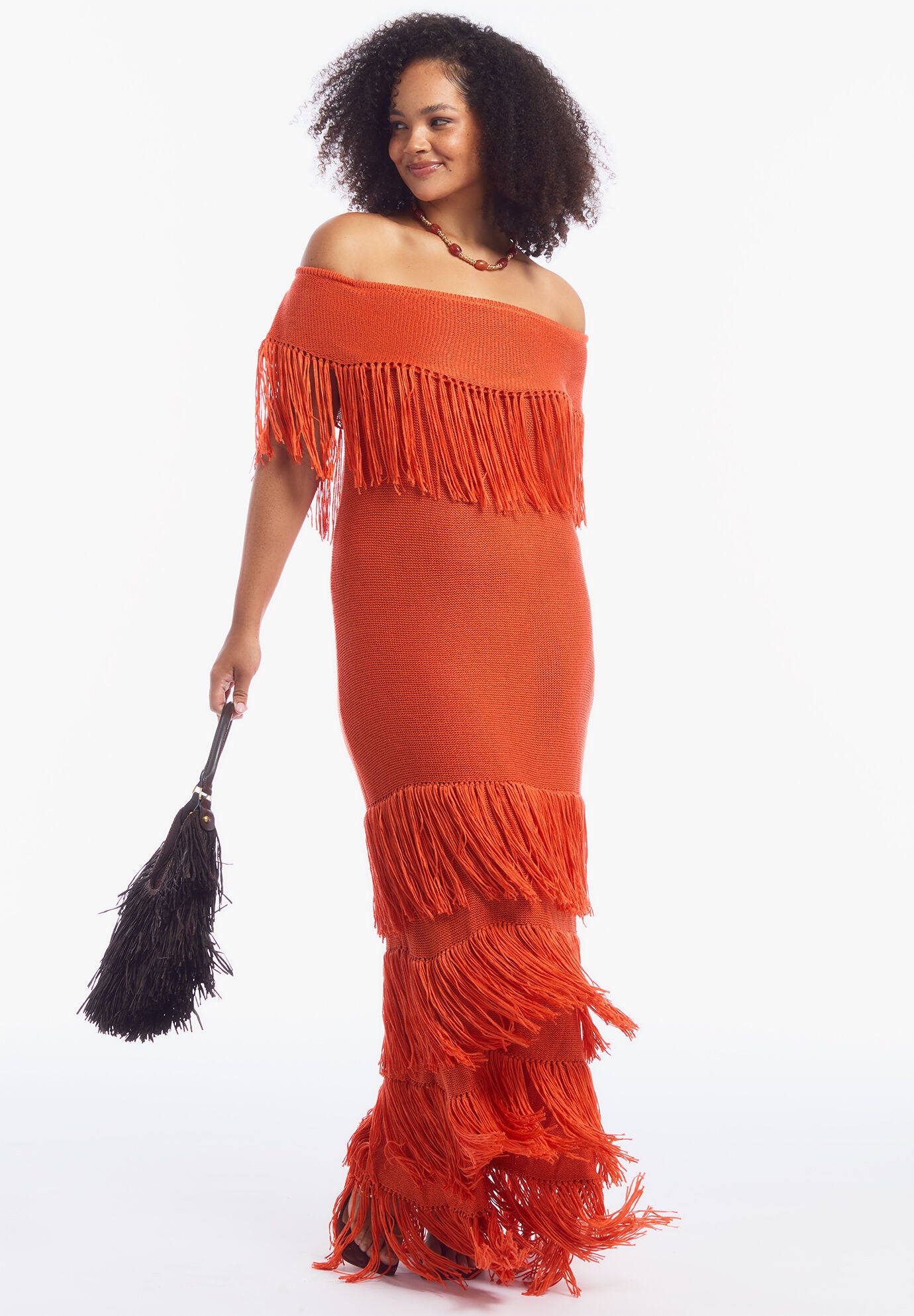 Off-Shoulder Fringe Sweater Dress, GINGER, alternate image number 3