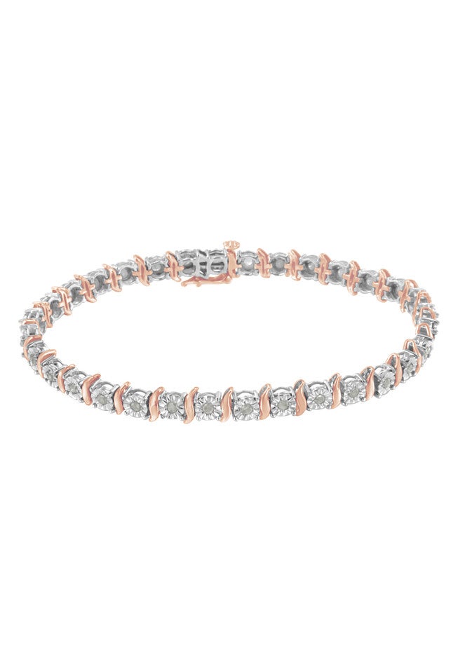Two Tone Rose Gold Over Sterling Silver Diamond Scurve Link Miracleset Tennis Bracelet 7 inches, , on-hover image number null