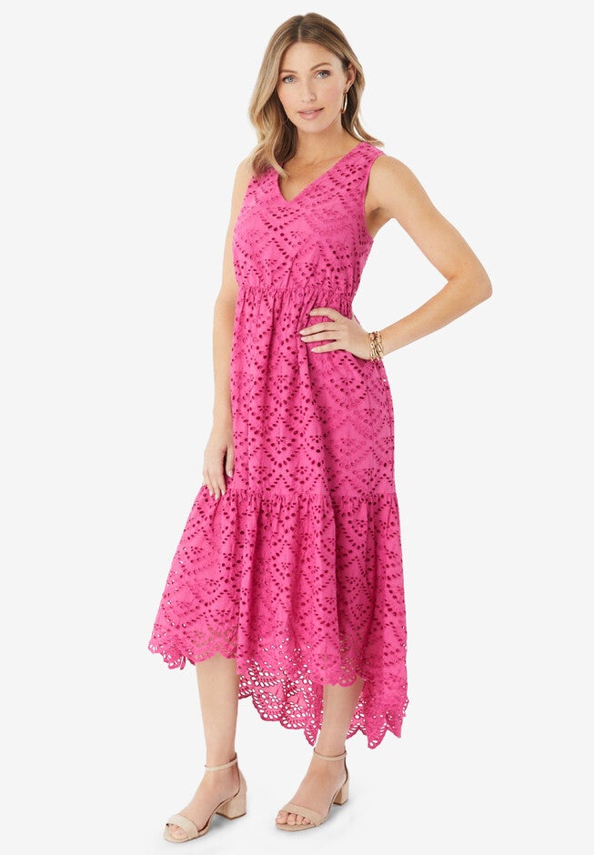 V-Neck High-Low Eyelet Dress, VINTAGE ROSE, hi-res image number 0