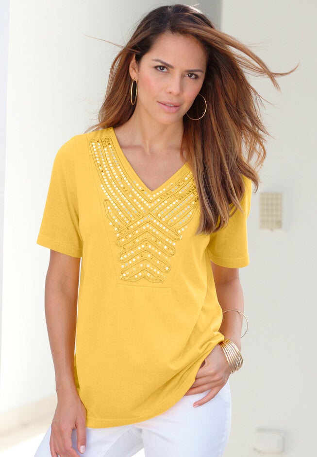Embellished Sequin V-Neck Tee, , alternate image number 3