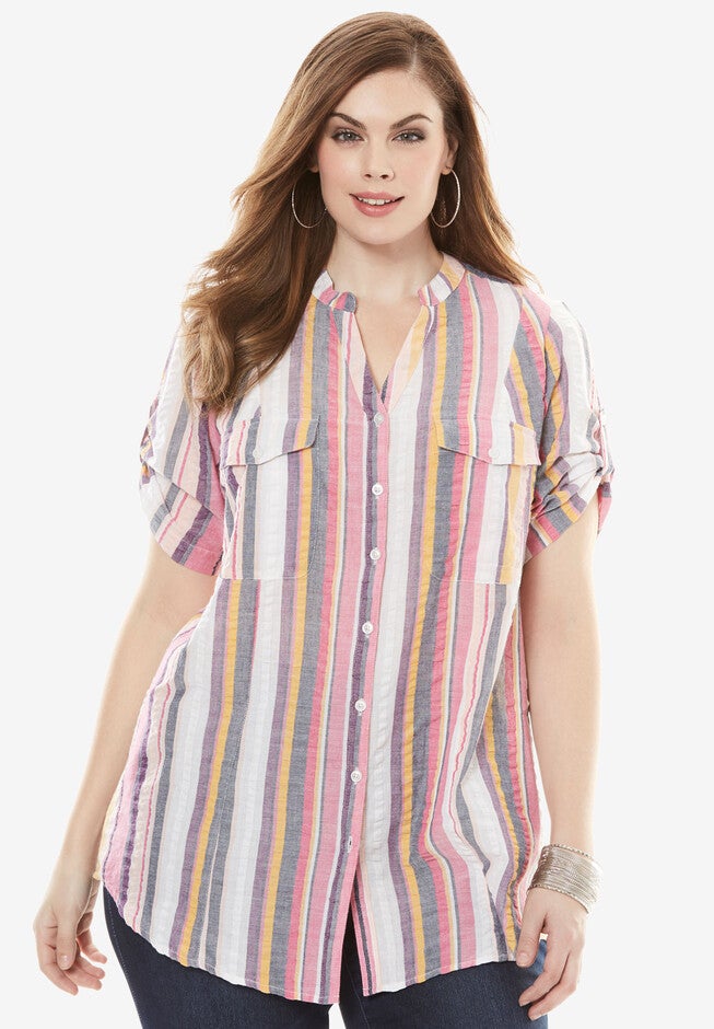 Seersucker Shirt with Tab Sleeves, , alternate image number 1