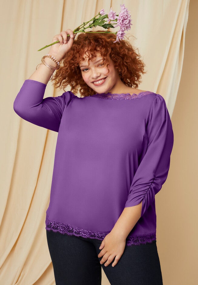 Eyelash-Lace-Trim Boatneck Top, BRIGHT VIOLET, hi-res image number 0