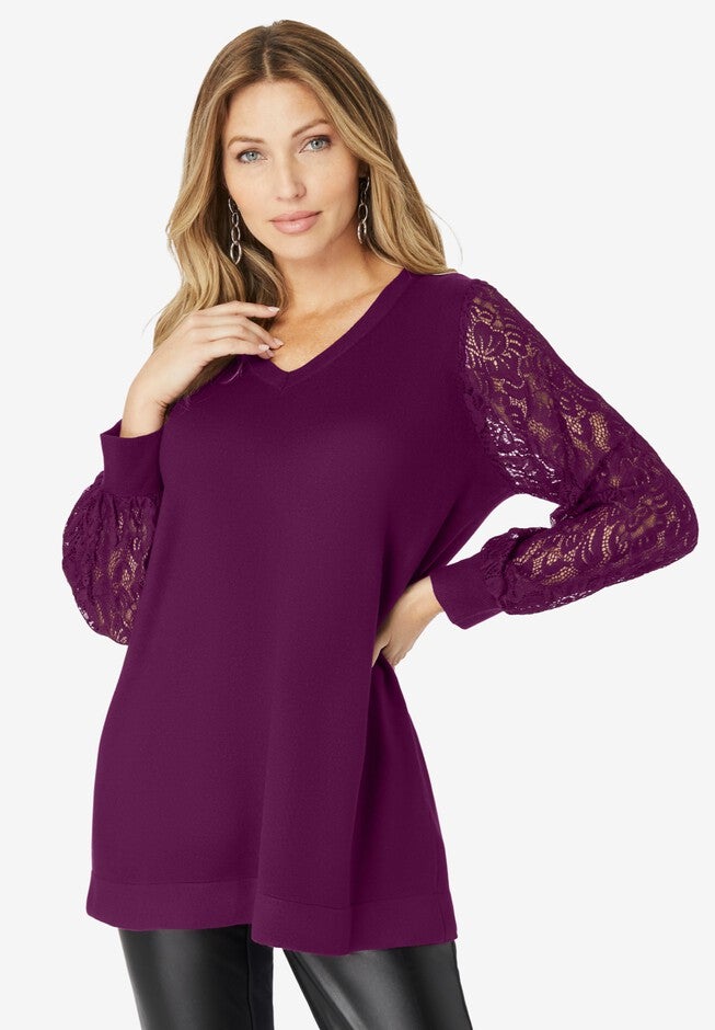 Lace Sleeve V Neck Sweater, DARK BERRY, hi-res image number 0
