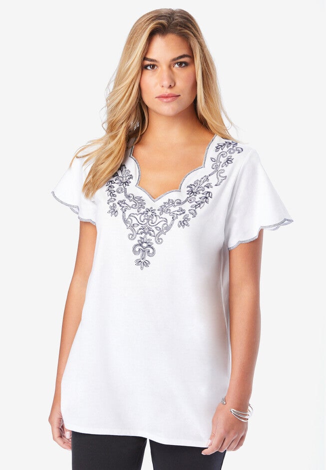 Scalloped Short-Sleeve Tee, WHITE SCROLL EMBELLISHMENT, hi-res image number null