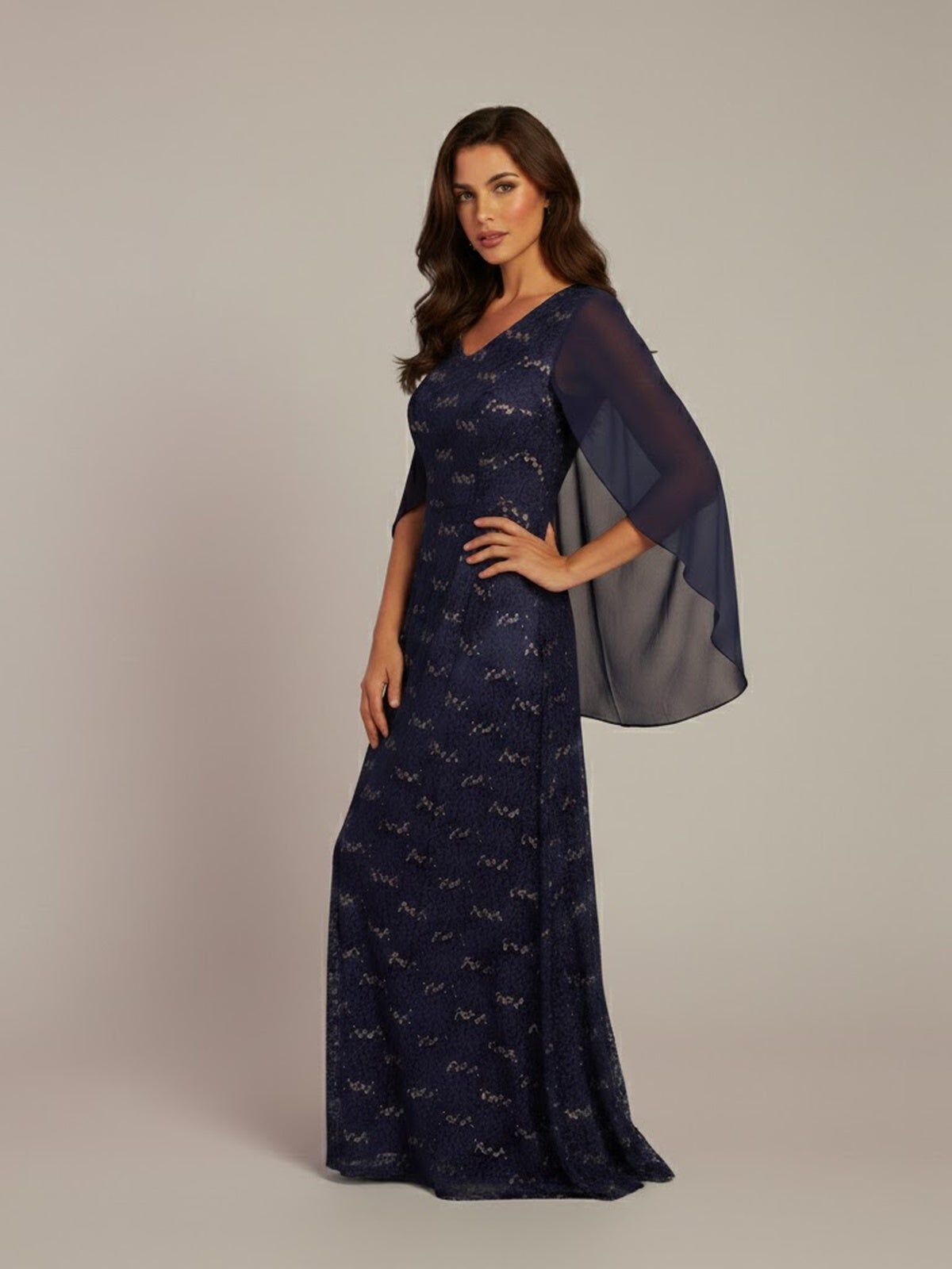 Plus-Size Allover Lace Gown with Capelet, EVENING BLUE, hi-res image number 0