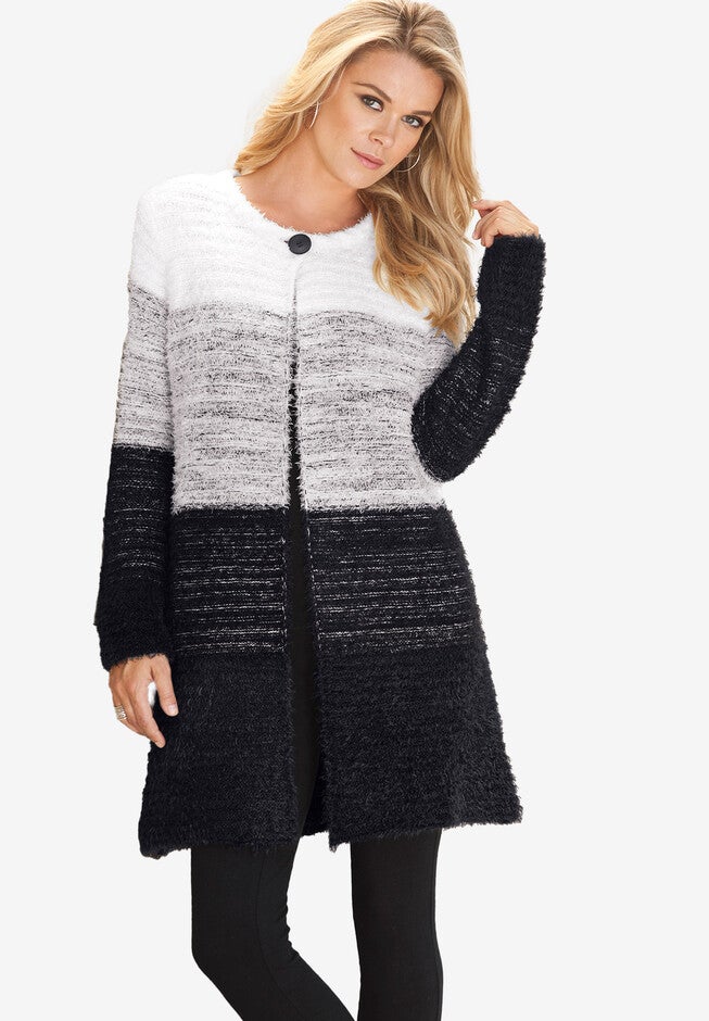 Ombre Eyelash Cardigan Sweater, WHITE GREY STRIPE, hi-res image number null