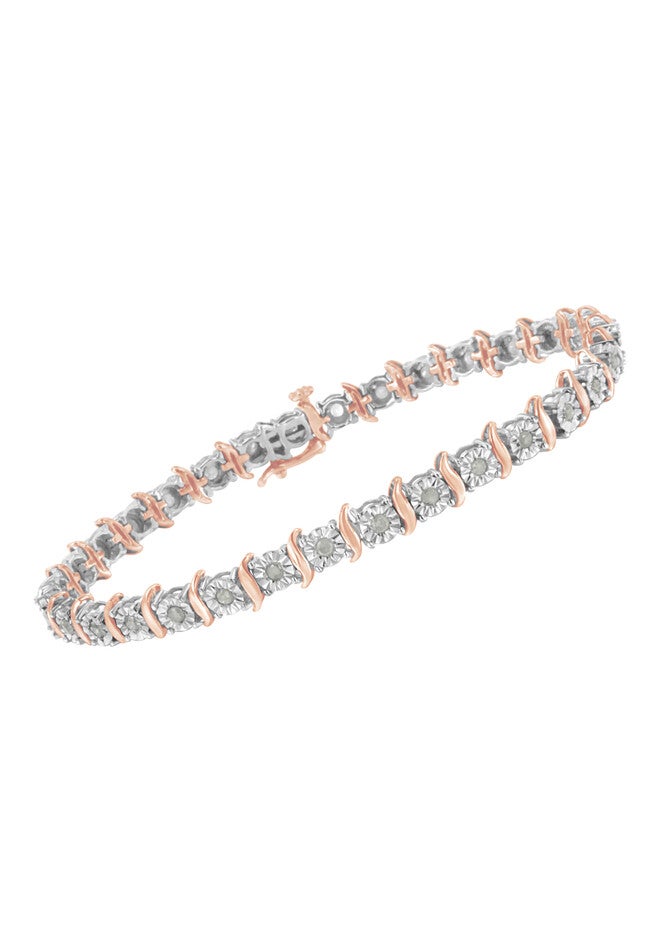 Two Tone Rose Gold Over Sterling Silver Diamond Scurve Link Miracleset Tennis Bracelet 7 inches, , alternate image number null