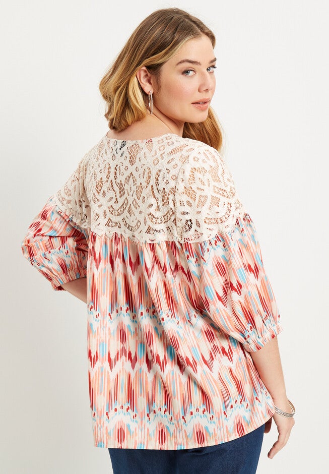 Blouson-Sleeve Crochet Yoke Blouse., , on-hover image number null