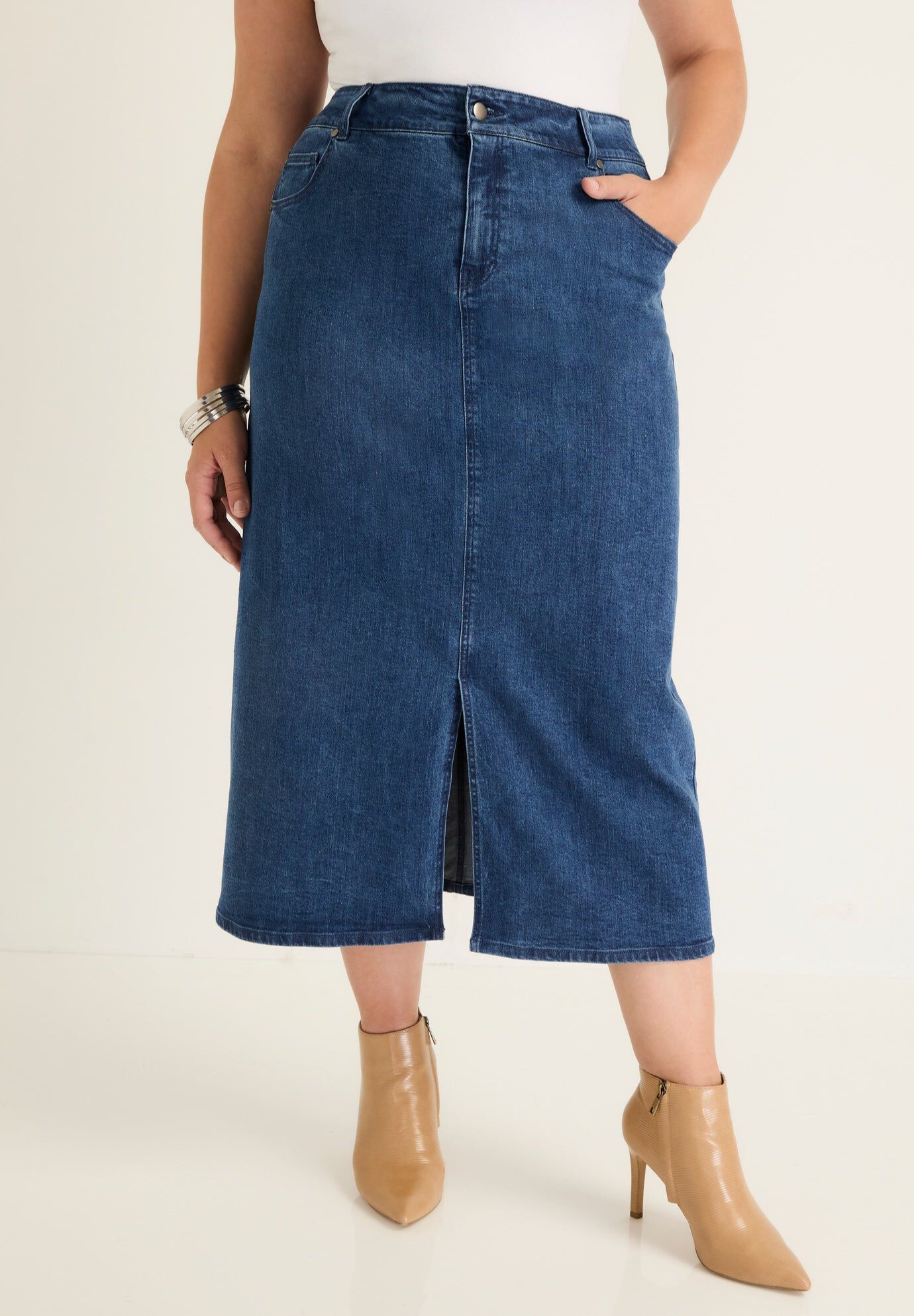Front-Slit Denim Midi Skirt