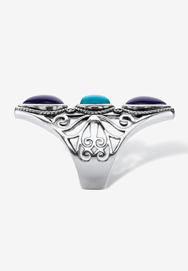 Simulated Turquoise And Sapphire Antiqued .925 Silver Boho Scroll Ring Jewelry, , on-hover image number 1