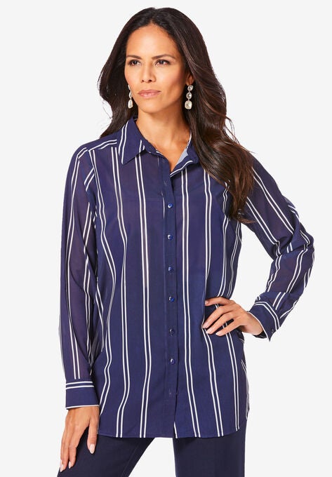 Georgette Big Shirt, NAVY DOUBLE STRIPE, hi-res image number null
