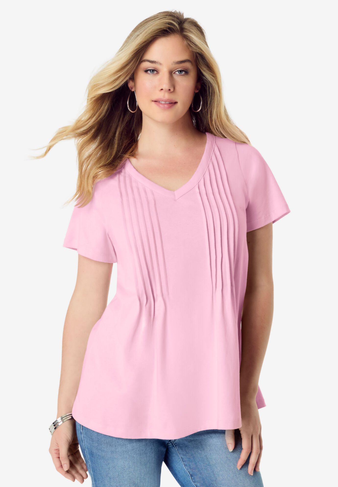 V Neck Pintuck Tee, PRIMROSE, hi-res image number 0