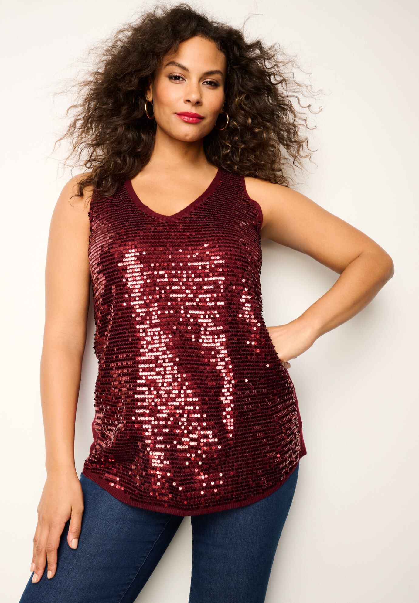 Sequin-Embellished Tank Top, RICH BURGUNDY, hi-res image number 0