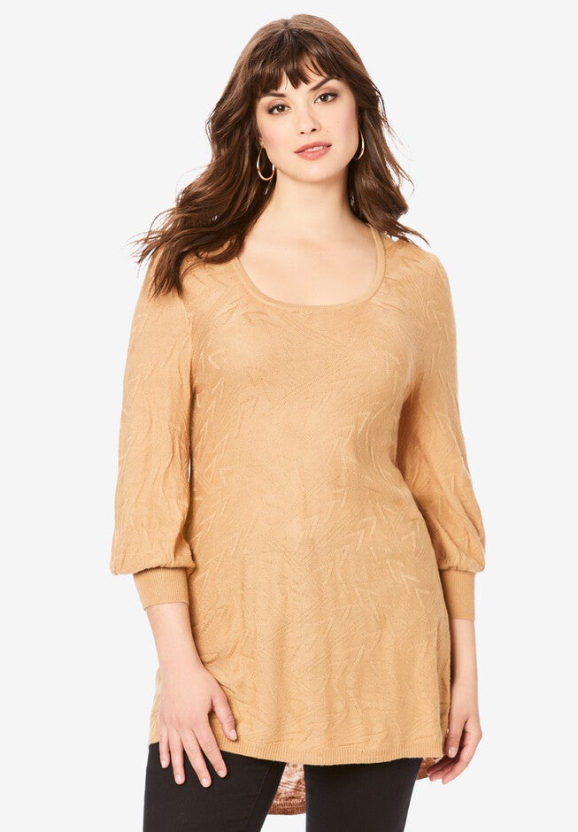 Textured Square Neck Sweater, CAMEL BIAS CHEVRON, hi-res image number null