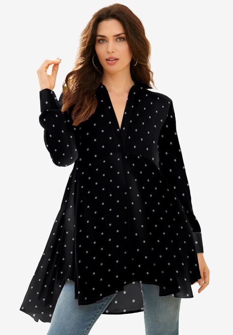Fit-and-Flare Crinkle Tunic, BLACK WHITE DOTS, hi-res image number null