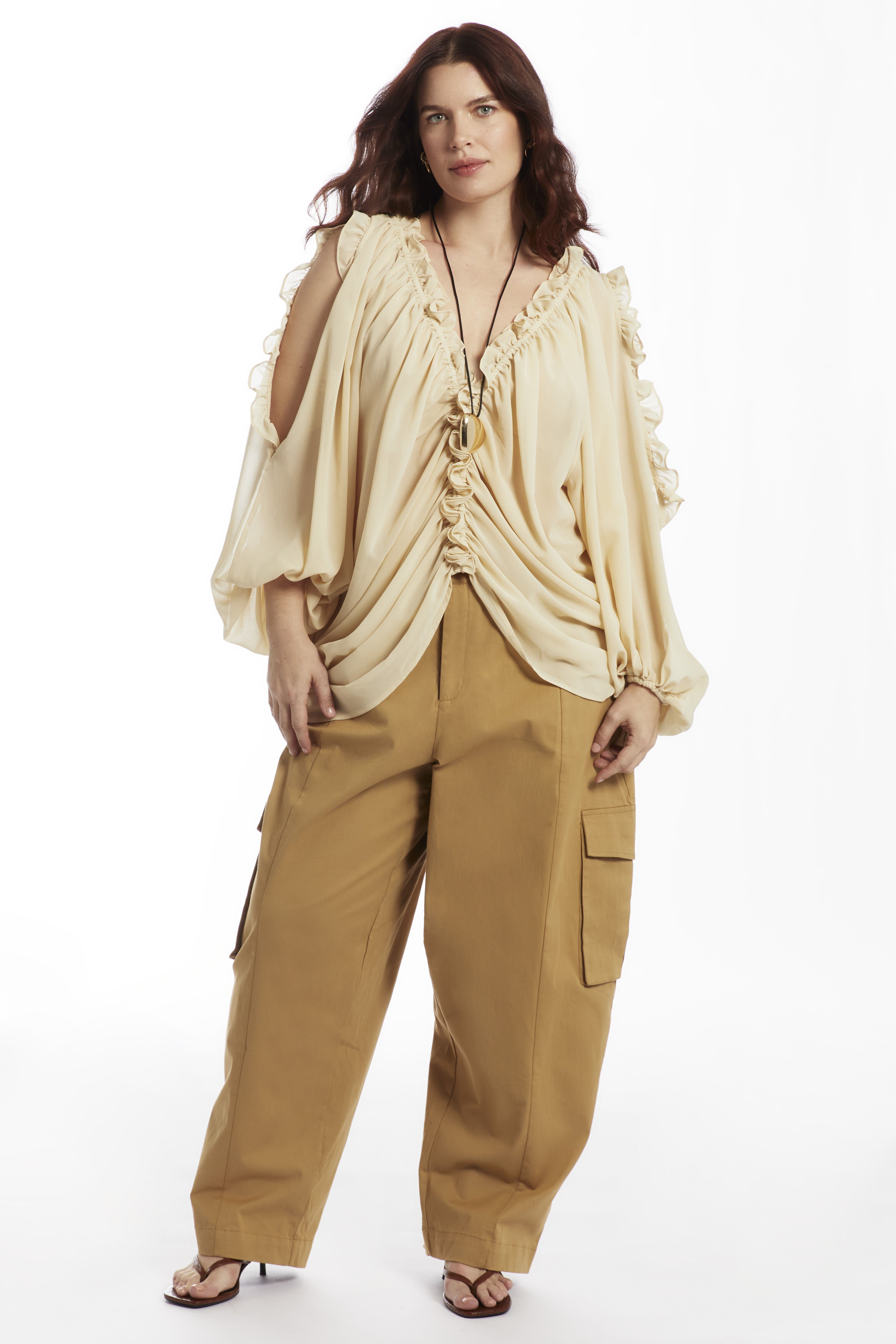 Draped Off-The-Shoulder Blouse, PEBBLE, on-hover image number 1