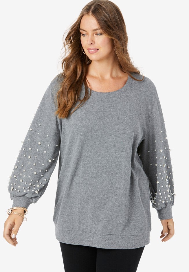 Embellished Sweatshirt Tunic, MEDIUM HEATHER GREY SCATTERED PEARL, hi-res image number null