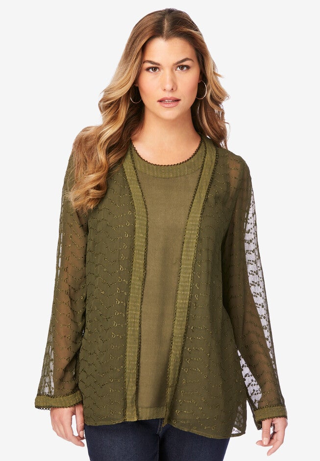 Embroidered Cardigan and Tank Set, DARK BASIL, hi-res image number null