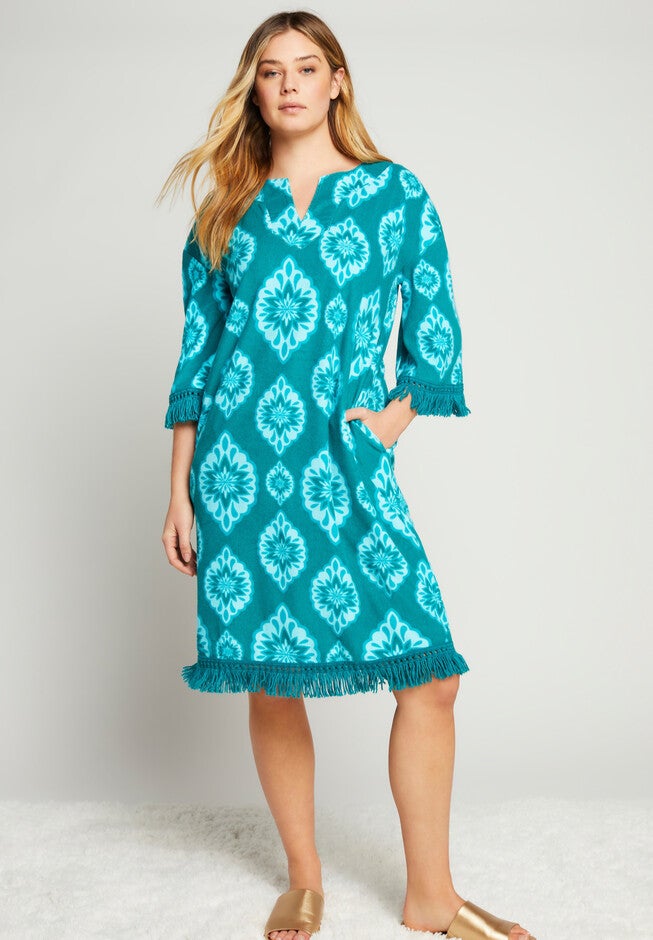 Boho Terry Boardwalk Shirtdress, TROPICAL TEAL MEDALLION, hi-res image number 0