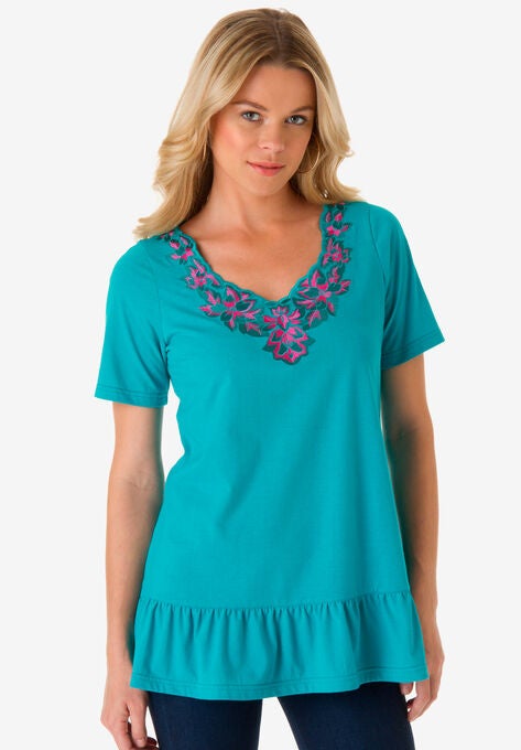 Embellished Ruffle-Trim Tee, DEEP TURQUOISE, hi-res image number null