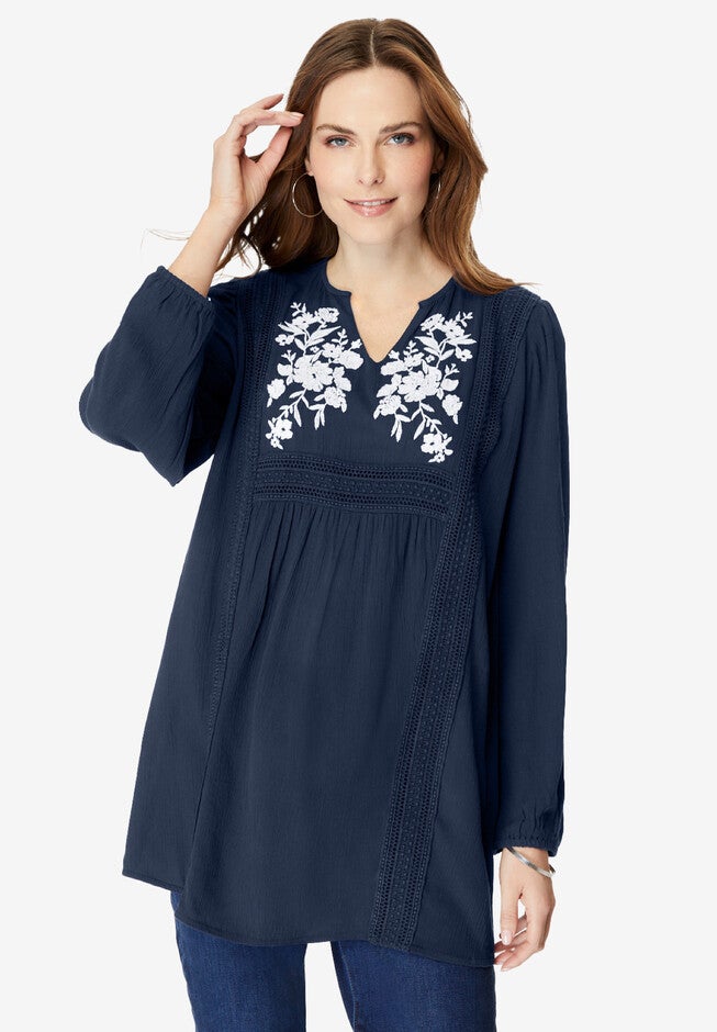 Embroidered Crinkle Top, NAVY, hi-res image number null