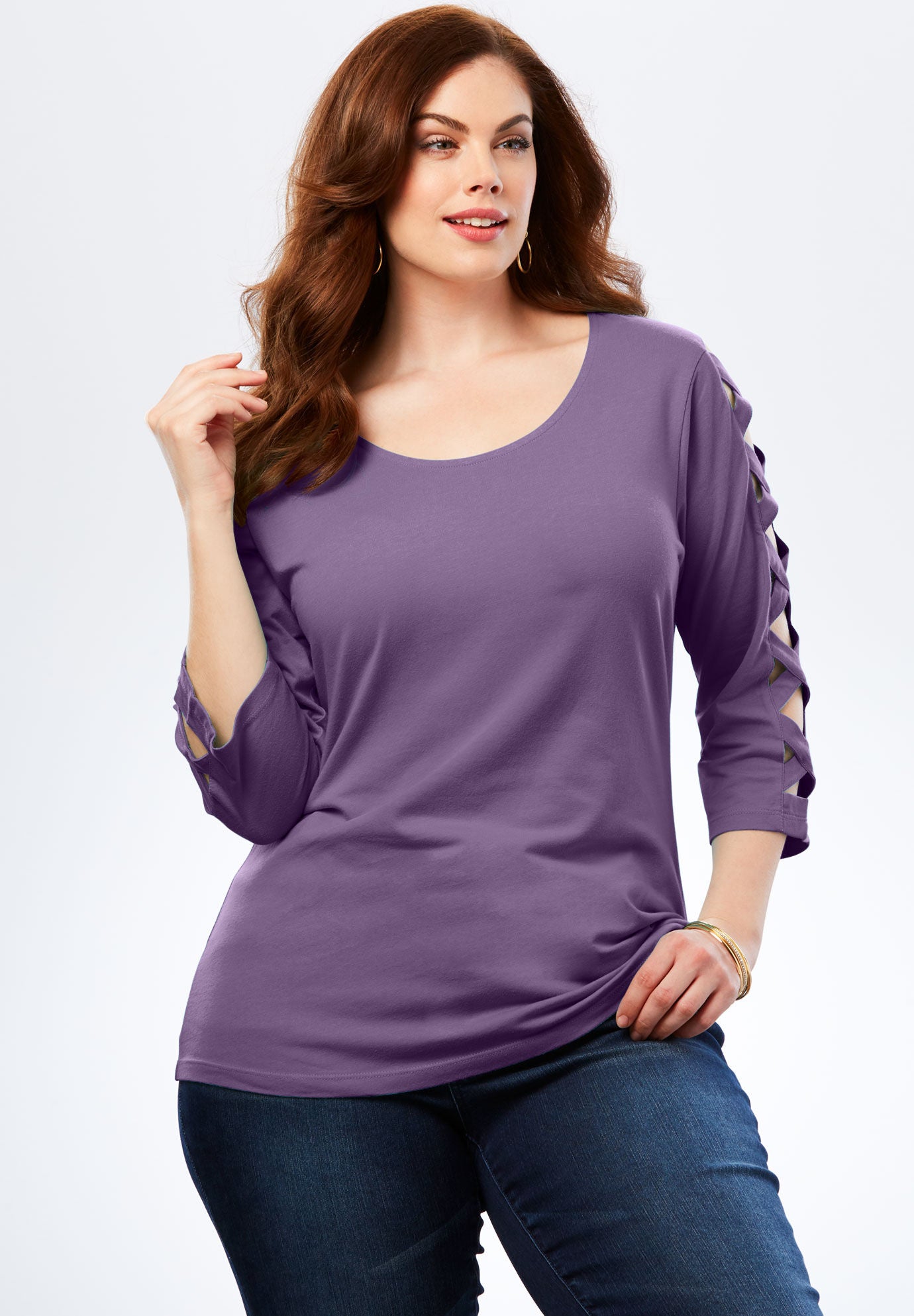 Lattice Three-Quarter Sleeve Tee, VIOLET HAZE, hi-res image number 0