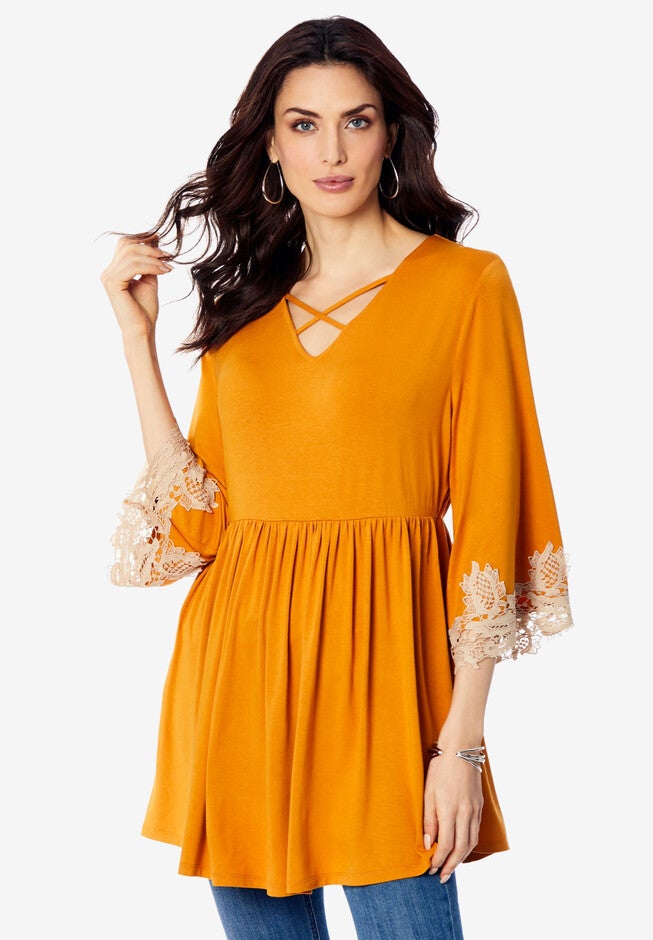 Lace-Sleeve Batwing Top, RICH GOLD FLOWER LACE, hi-res image number null