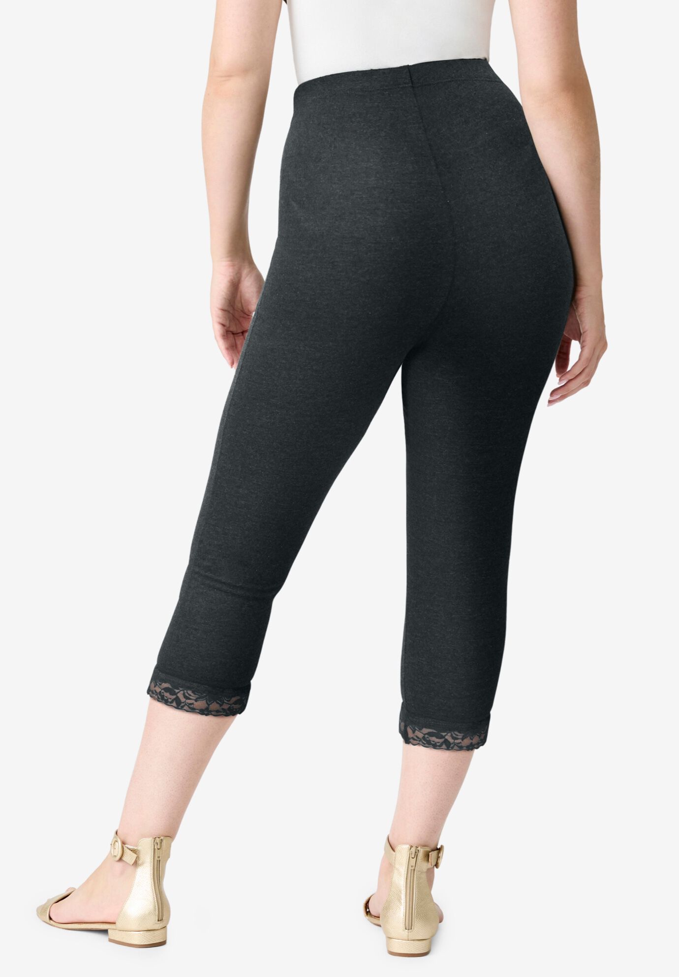 Lace Trim Essential Stretch Capri Legging, HEATHER CHARCOAL, on-hover image number 1