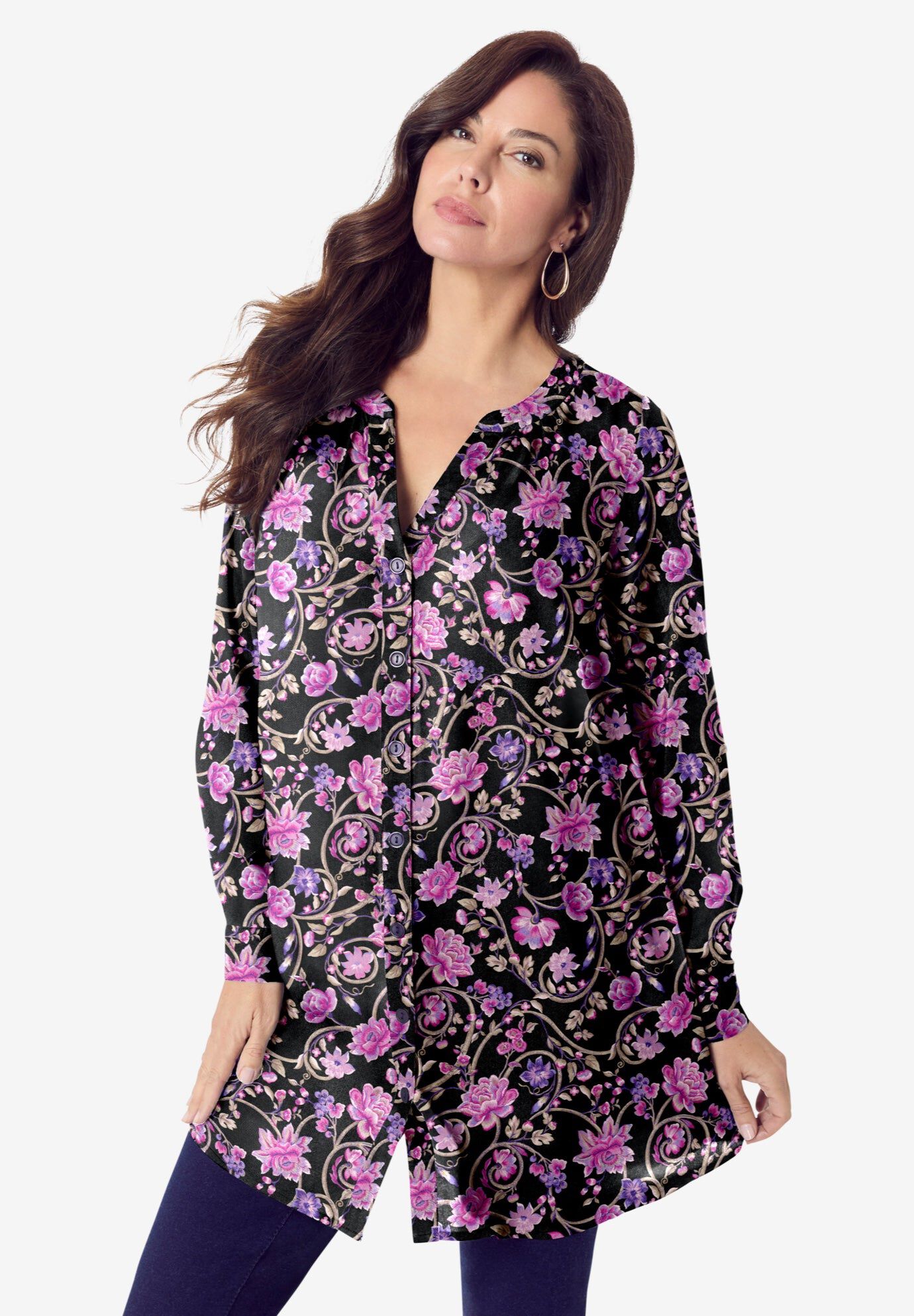 Button Down Y Neck Tunic, BLACK ETERNAL BLOOM, hi-res image number 0