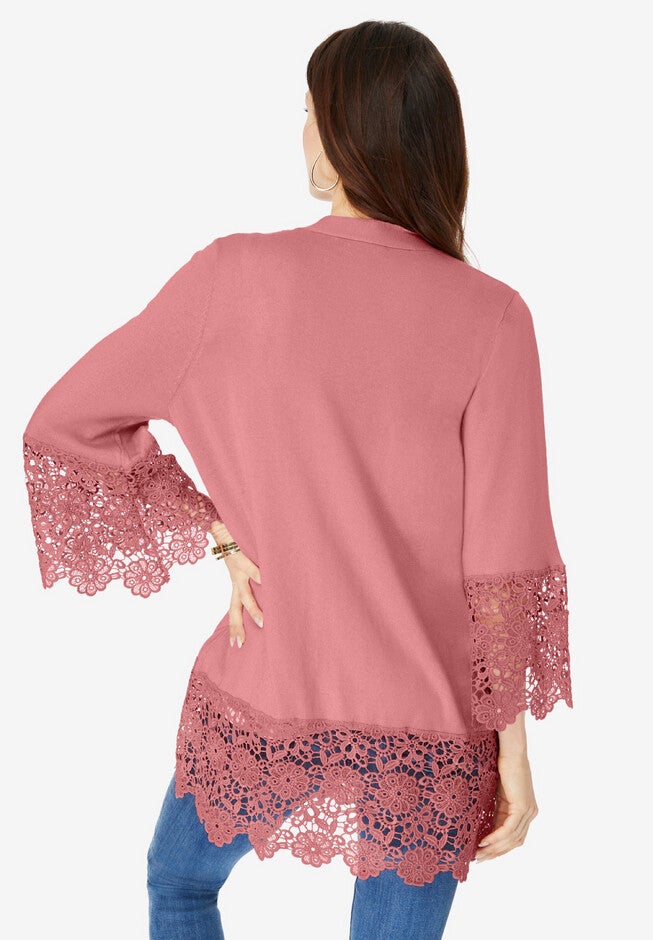 Fine Gauge Lace Trim Cardigan Sweater, , on-hover image number null
