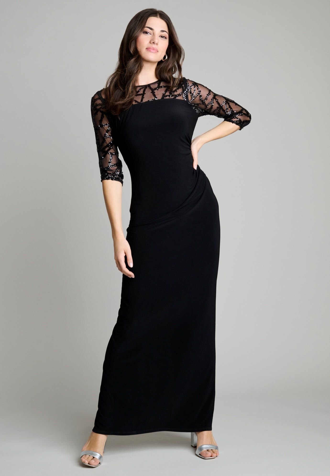 Plus-Size 3/4 Illusion Sleeve Emebllished Gown, BLACK, hi-res image number 0