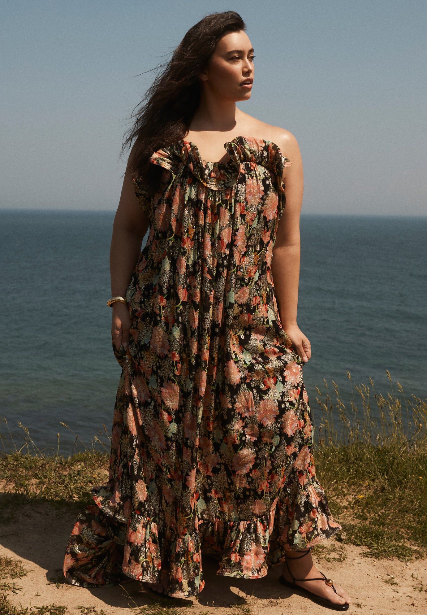 Ruffled Metallic Strapless Maxi Dress