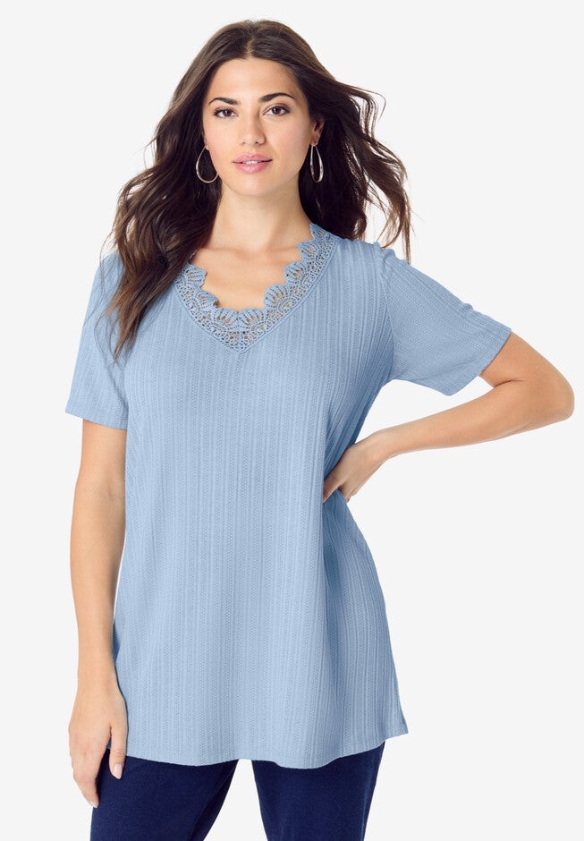 V Neck Pointelle Tee, PALE BLUE, hi-res image number 0