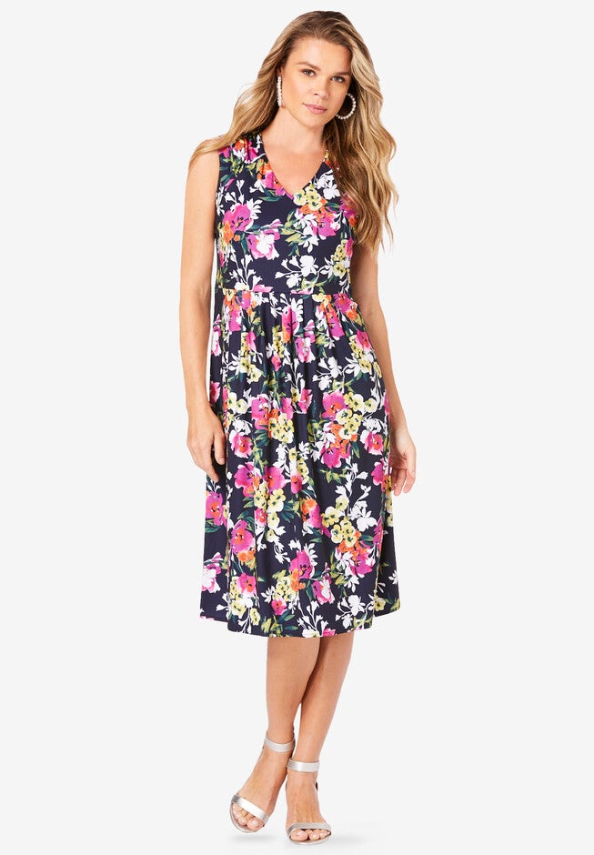 Fit-and-Flare Dress, NAVY MULTI FLORAL, hi-res image number 0