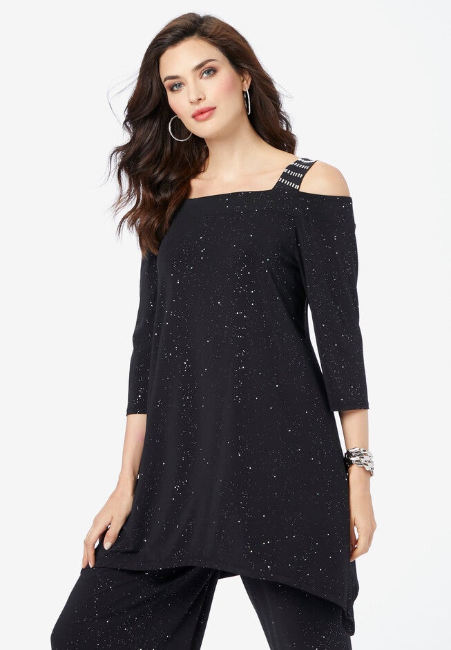 Embellished Cold-Shoulder Ultrasmooth® Fabric Top, BLACK SPARKLE, hi-res image number 0