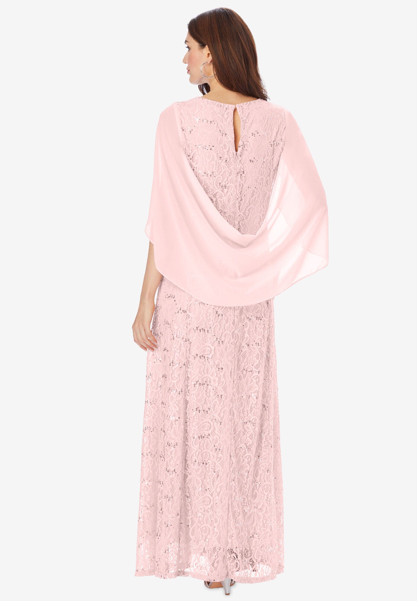 Plus-Size Allover Lace Gown with Capelet, EVENING BLUE, on-hover image number 1