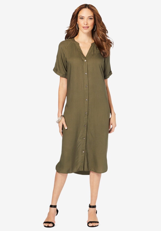 Y-Neck Shirtdress, DARK OLIVE GREEN, hi-res image number 0