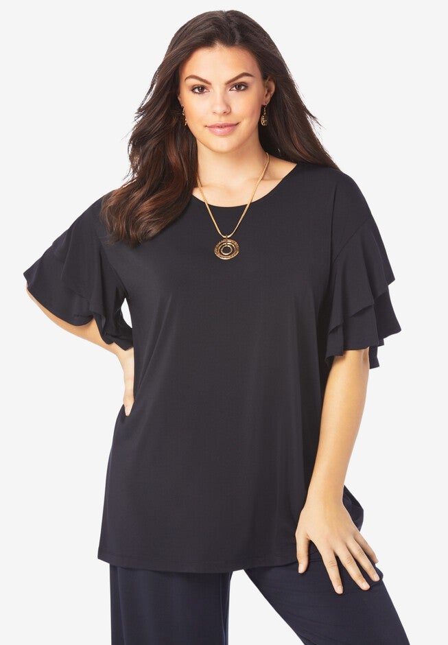 Ultrasmooth® Fabric Ruffle-Sleeve Top, BLACK, hi-res image number 0