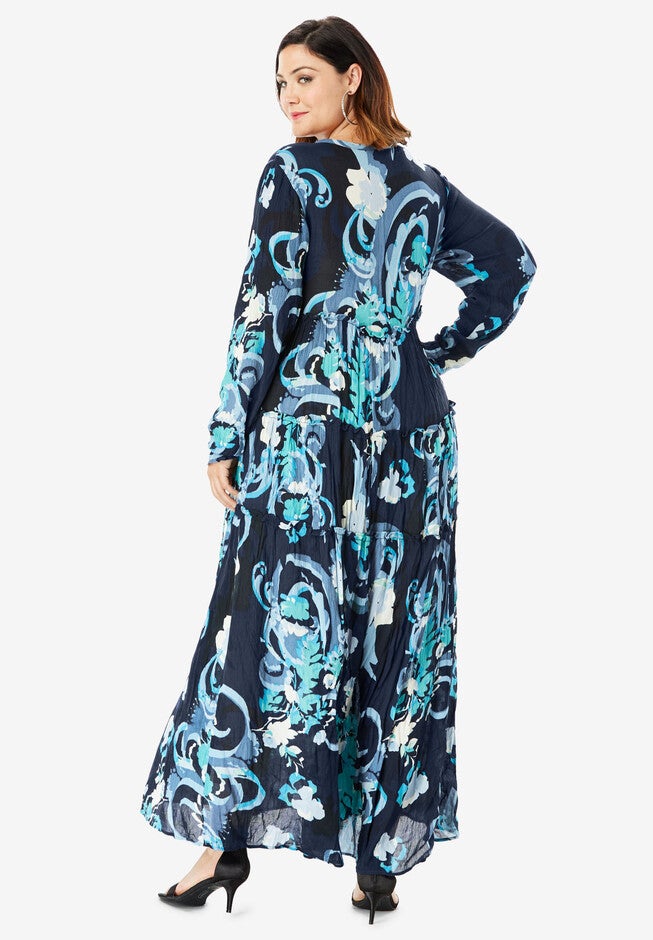 Tiered Crinkle Maxi Dress with Blouson Sleeves, , on-hover image number null