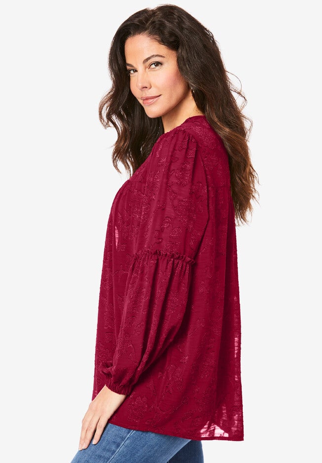 Textured Blouson-Sleeve Big Shirt., , alternate image number 2