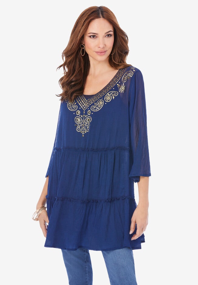 Embellished Tiered Tunic, NAVY EMBELLISHED PAISLEY, hi-res image number 0