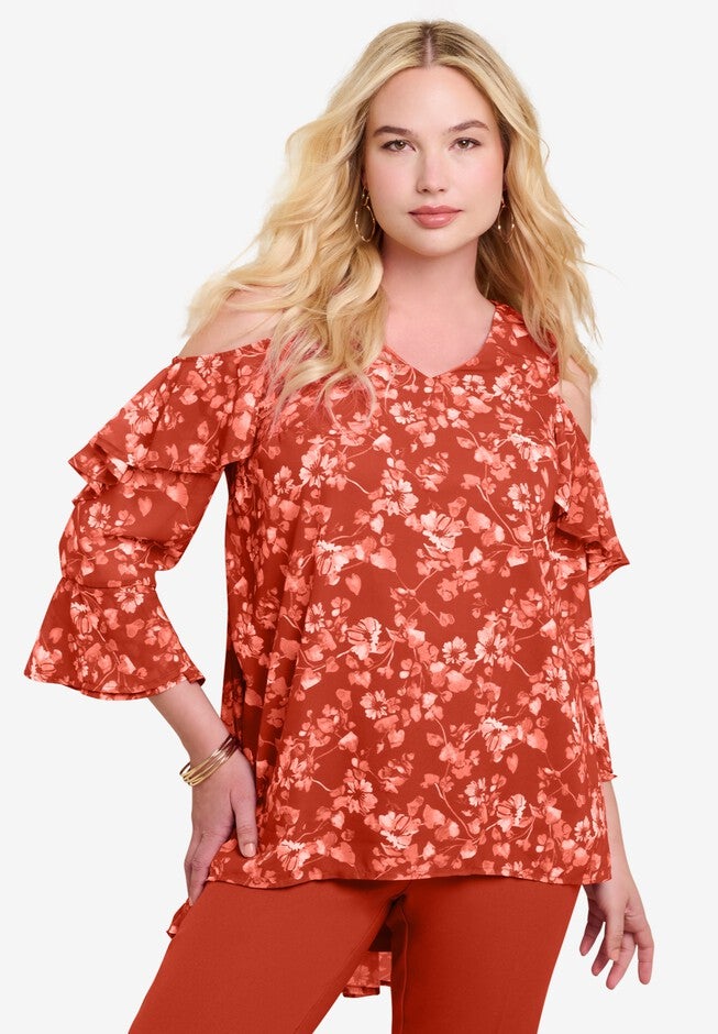 Cold Shoulder Georgette Big Shirt, COPPER RED FLOWER VINES, hi-res image number 0