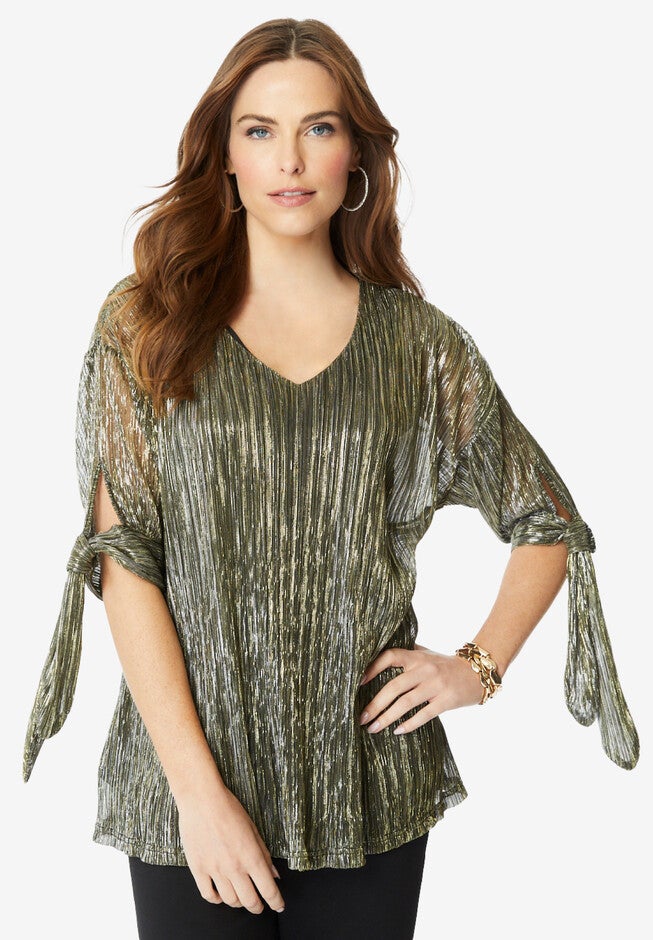 V-Neck Tie-Sleeve Plisse Blouse, BLACK GOLD, hi-res image number null