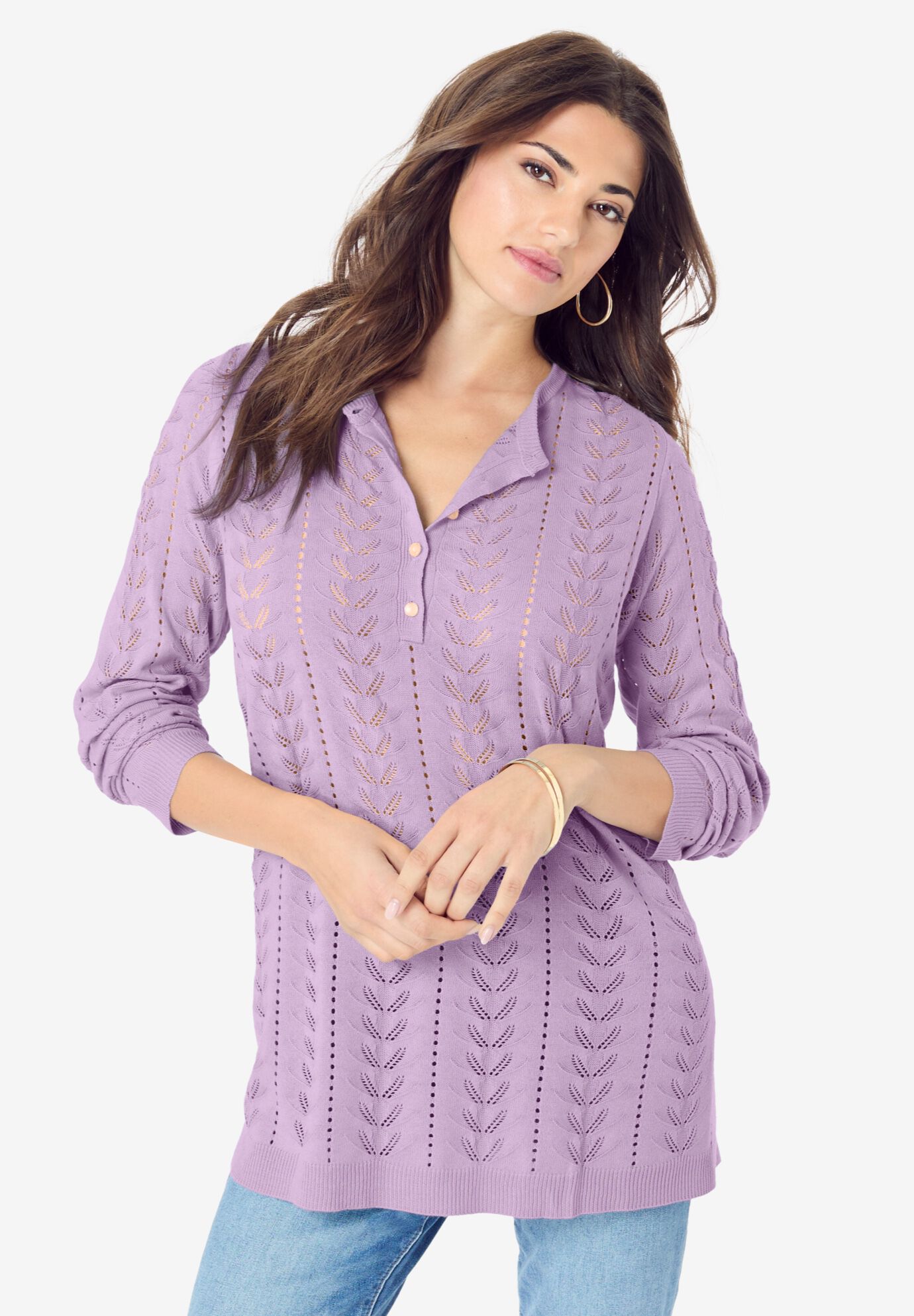 Pointelle Henley Sweater, PALE LAVENDER, hi-res image number 0