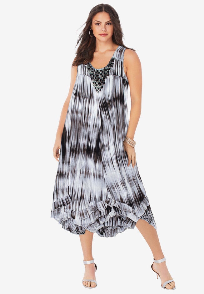 7-Day Three-Quarter Sleeve Grommet Notch Tunic, BLACK TIE DYE, hi-res image number null